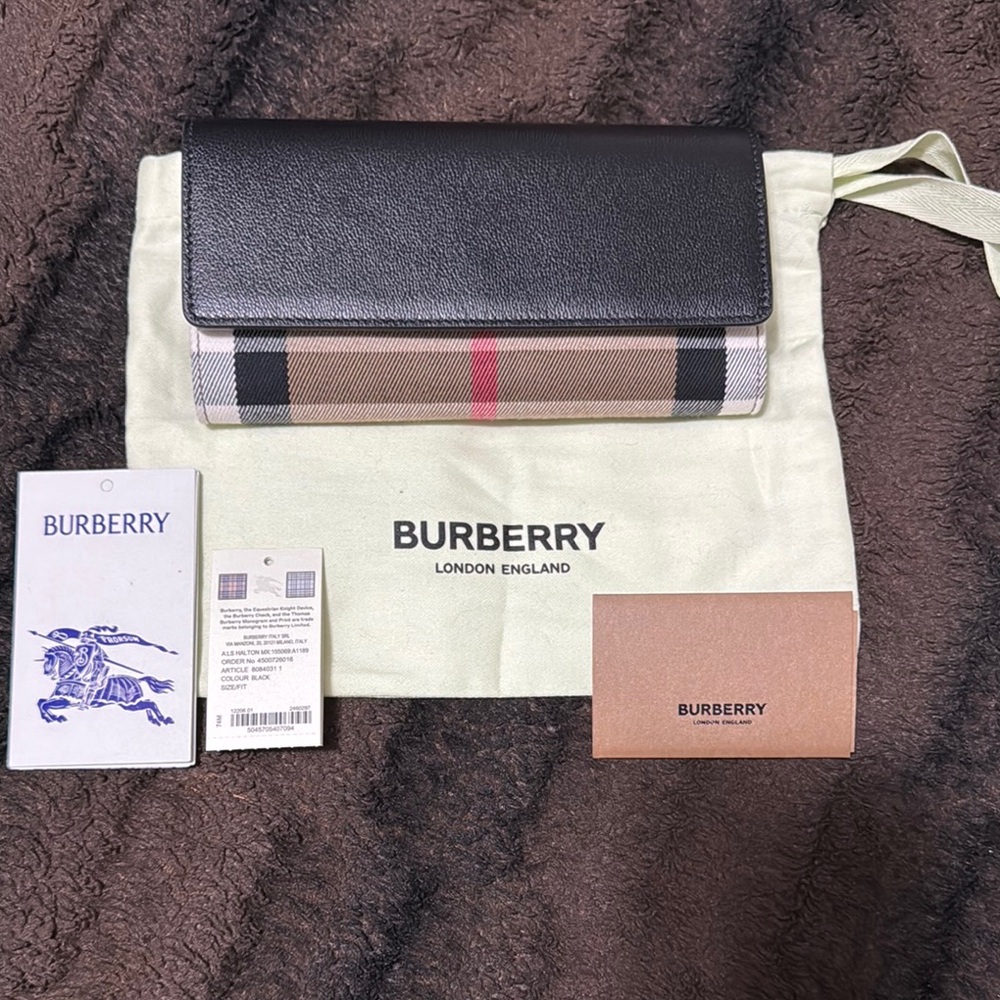 Burberry Black and Brown Leather Wallet with Fold-Over Flap